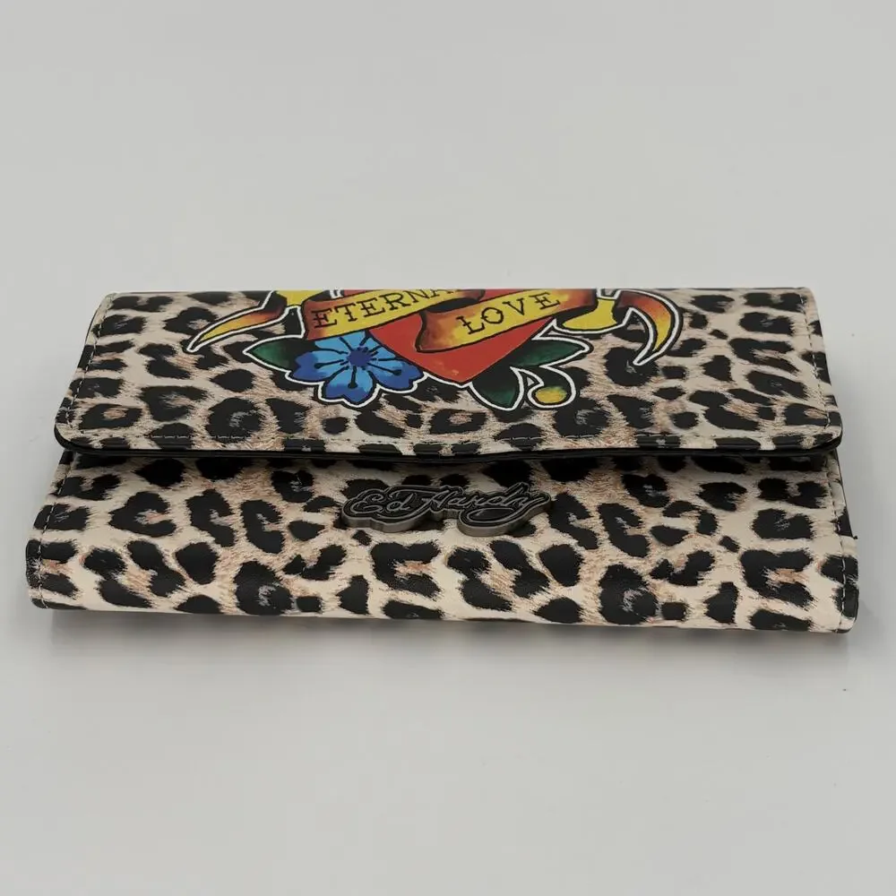 Ed Hardy Leopard Print Wallet Eternal Love Tattoo Graphic Trifold Clutch